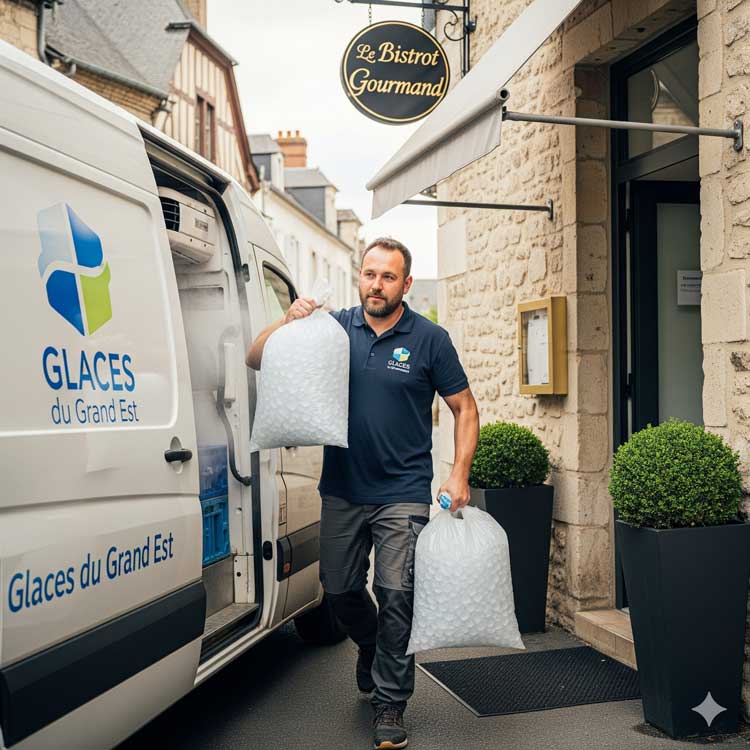 livreur en camion frigo avec 2 sacs comp